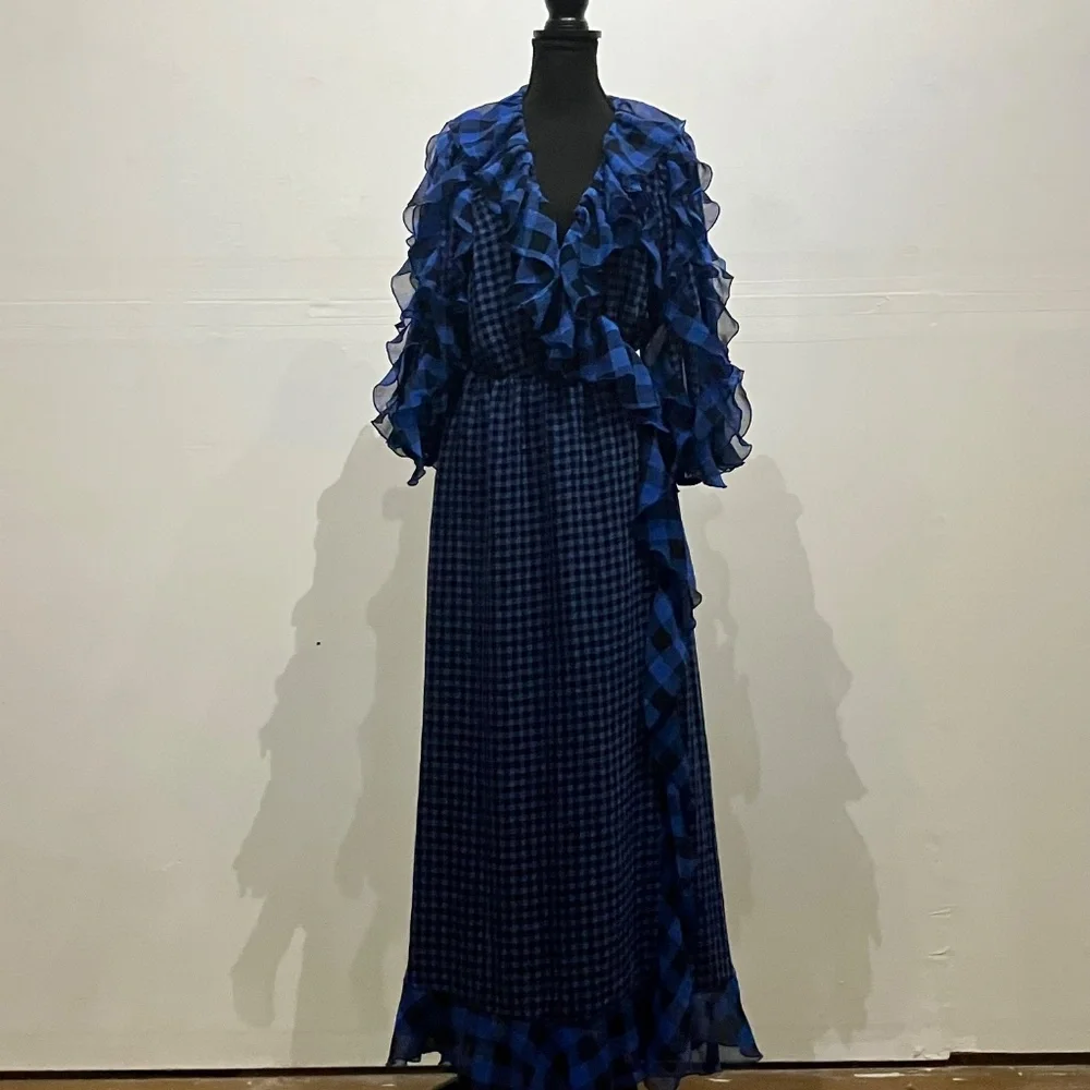 Tularosa blue and black, long sleeve gingham wrapped dress - Picture 10 of 10